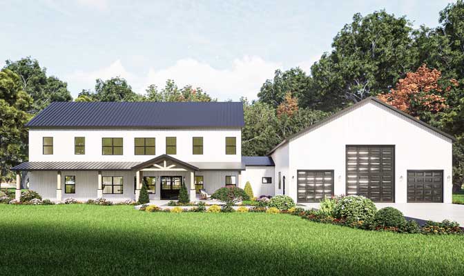 Apex Barndominium Exterior shows front of house and garage