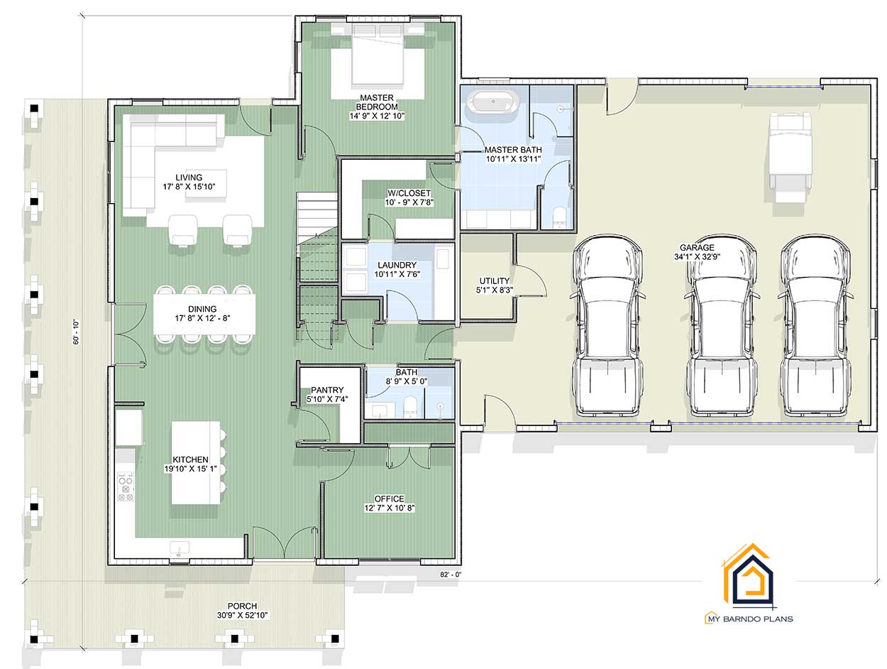 Downstairs floor plan layout of the Anthem 3 Bedroom Barndominium featuring open-concept kitchen, dining, and living room, master bedroom with en suite bath and walk-in closet, office, laundry, pantry, utility, second bathroom, large front porch, and attached three-car garage.