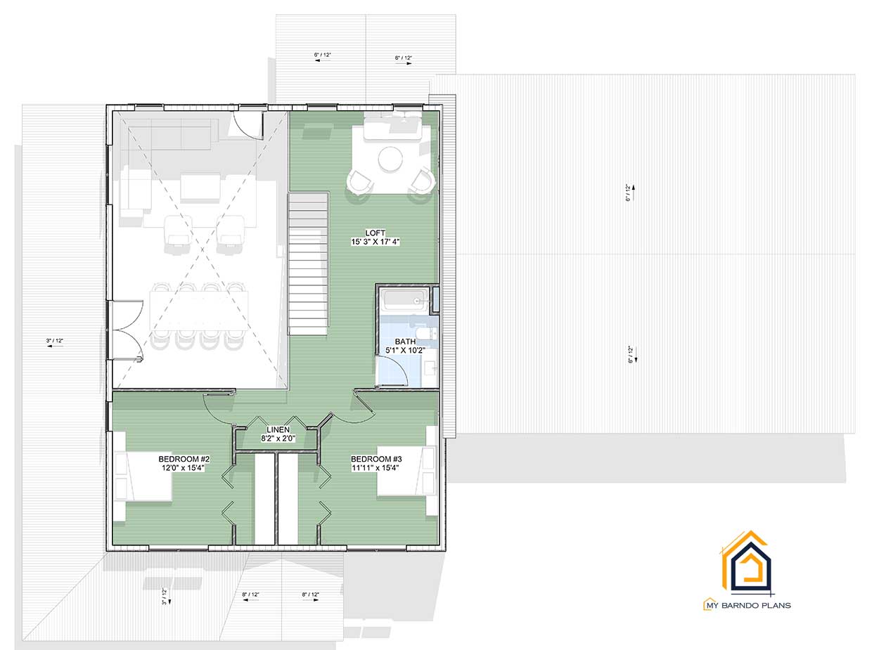 Upstairs floor plan layout of the Anthem 3 Bedroom Barndominium featuring two bedrooms with closets, a shared full bathroom, loft space overlooking the living area, and linen storage.