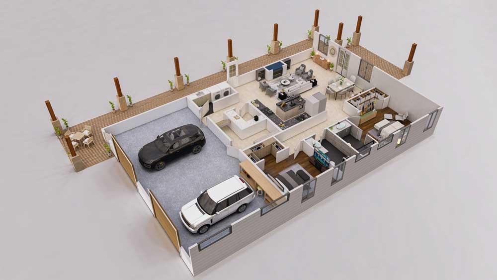 3D Blueprint Layout Barndominium Texas first floor back side