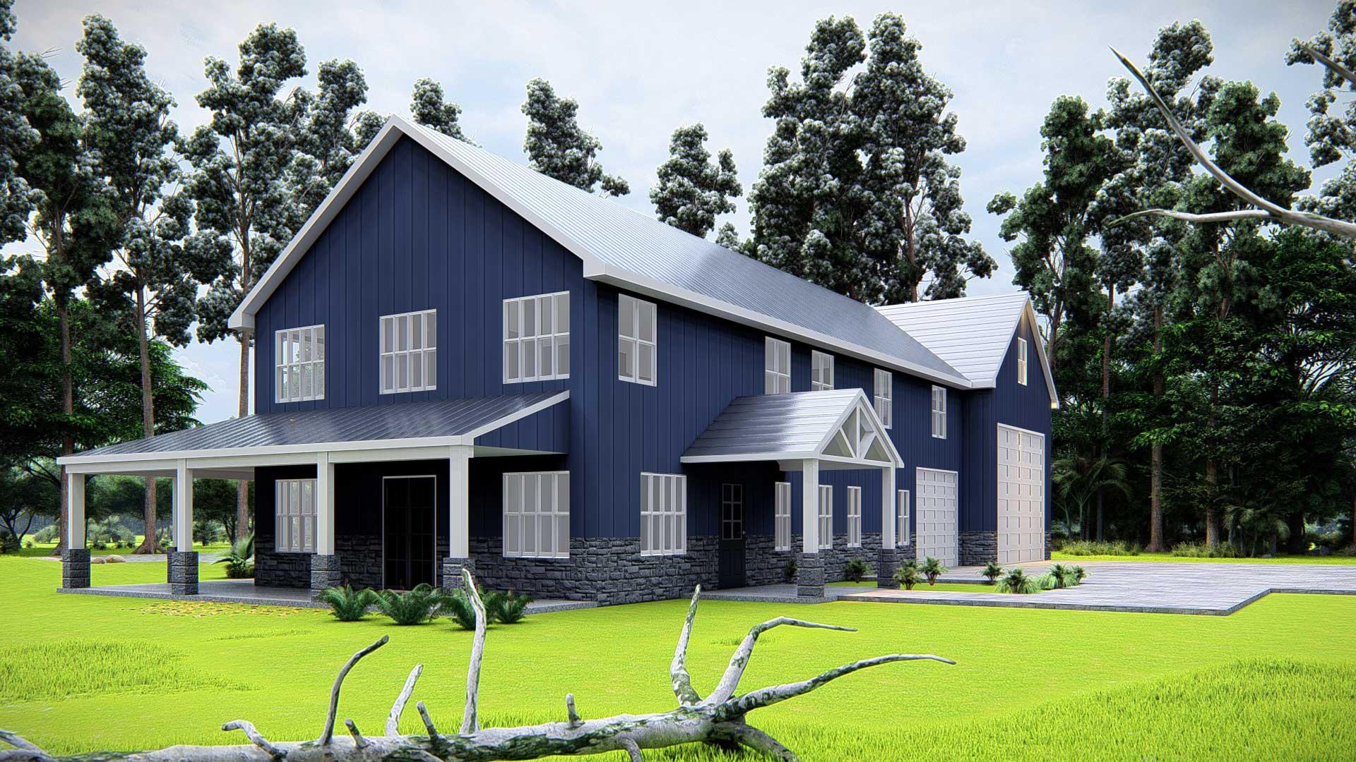 Rendering of barndominium Blue Magnolia barndominium has 2990 sq ft view from Banner Image