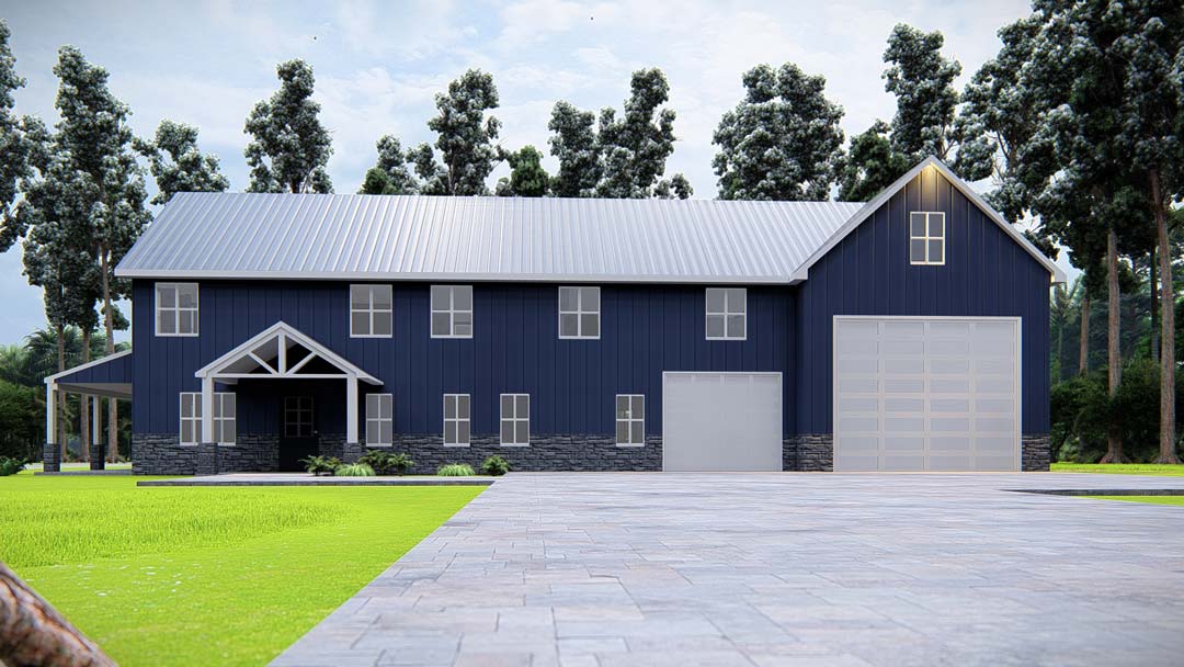 3D rendering of Blue Magnolia barndominium front of house