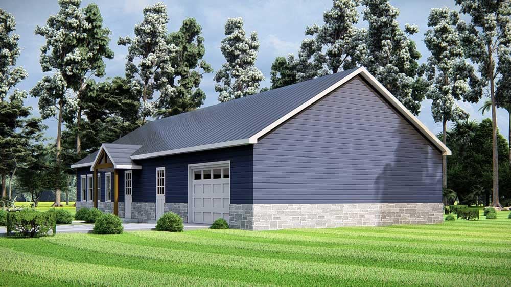 Cowboy Blue Barndominium 921 sq feet side rendering of Two Bedroom Two Bathroom with shop