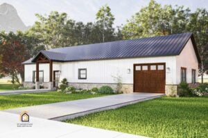 A welcoming front angle view of the Cowboy Barndominium with white siding, black roof and trim, stone base, and rustic wood beam entry with flower beds