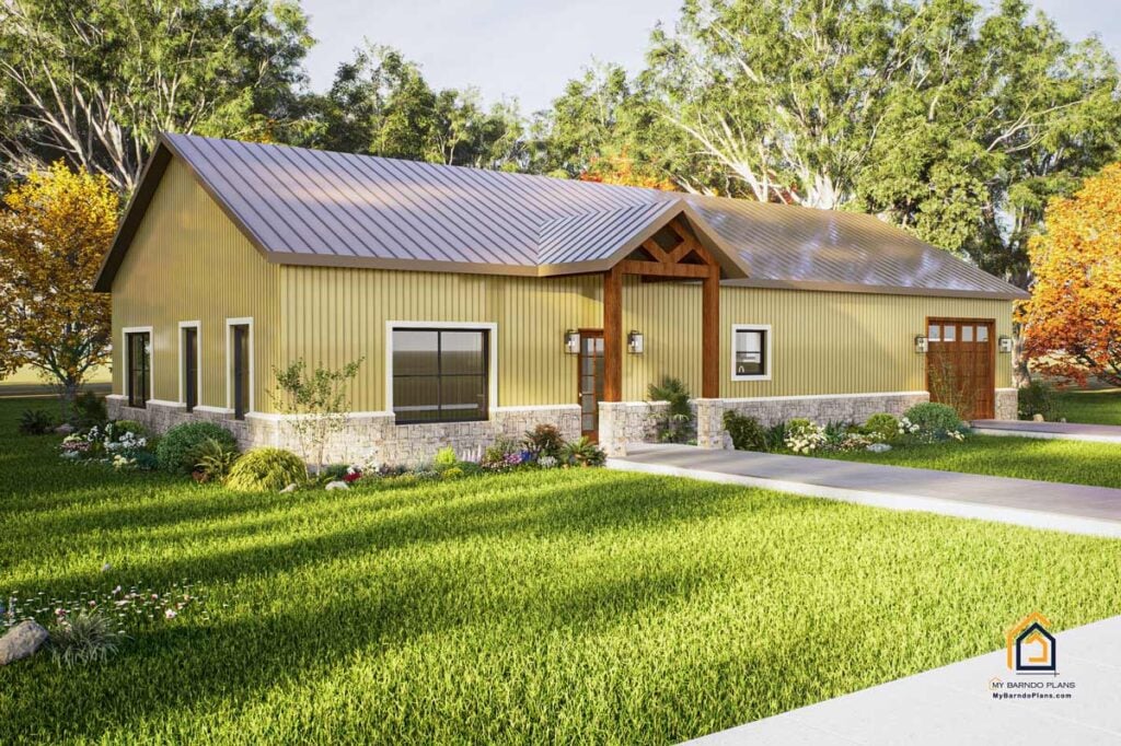 A warm tan version of the Cowboy Barndominium with front and side landscaping, stone base, and rich wooden accents on the front porch and garage door