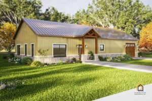 A warm tan version of the Cowboy Barndominium with front and side landscaping, stone base, and rich wooden accents on the front porch and garage door