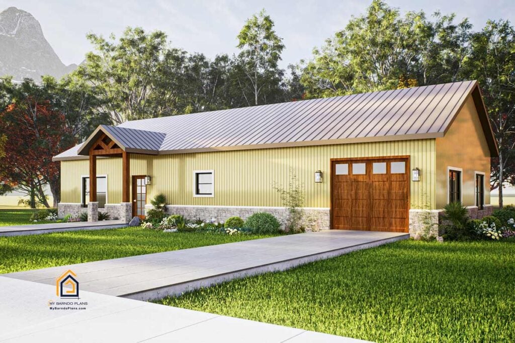 A two-bedroom Cowboy Barndominium with tan vertical metal siding, a gable front porch, and wooden garage door. The landscaped front yard and concrete driveway complete the ranch-style look