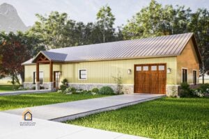 A two-bedroom Cowboy Barndominium with tan vertical metal siding, a gable front porch, and wooden garage door. The landscaped front yard and concrete driveway complete the ranch-style look