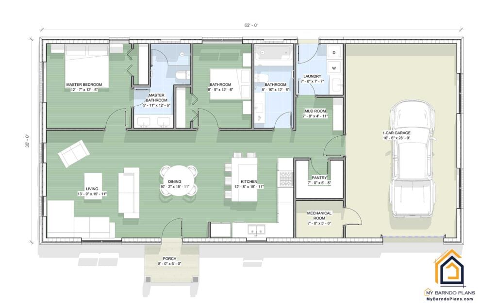 Floor Plan Layout for The Cowboy Barndominium - part of our Texas Barndo Collection. 2br 2ba