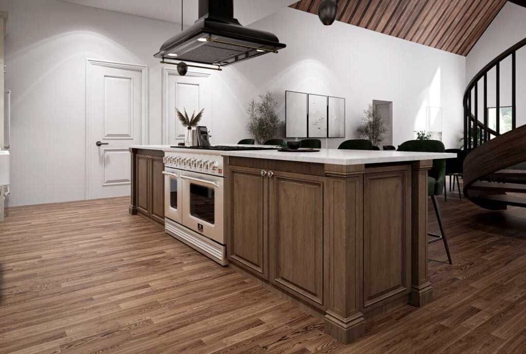 photo of inside of dove barndominium looking at kitchen