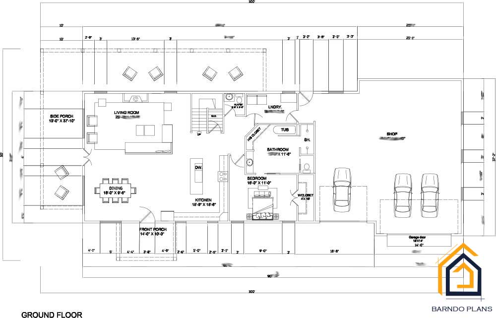 Blue Magnolia barndominium has 2990 sq ft layout downstairs plans