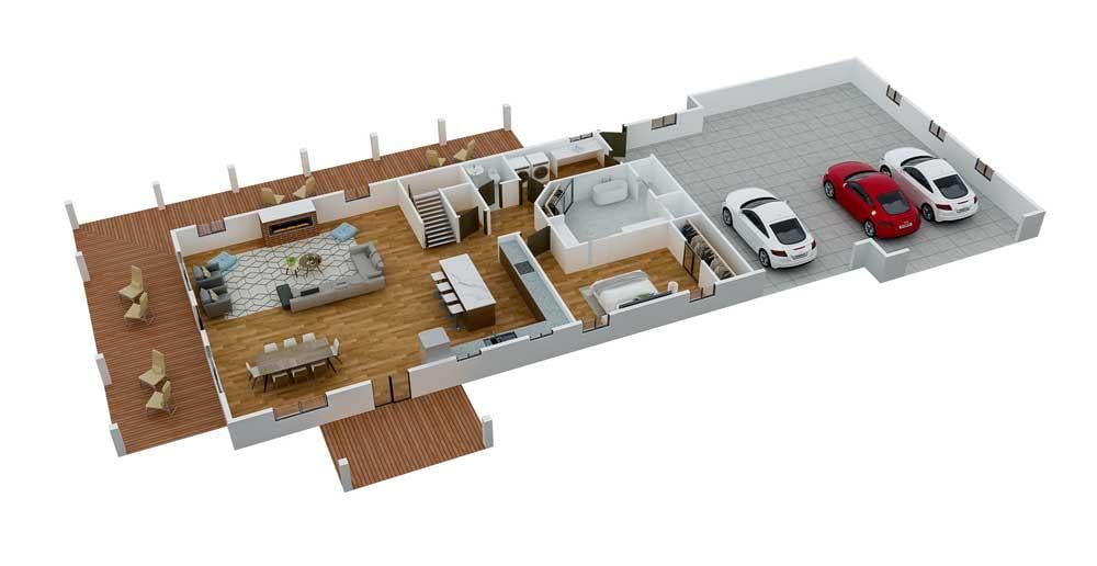 Downstairs 3D floor plan of Barndominium Blue Magnolia two stories