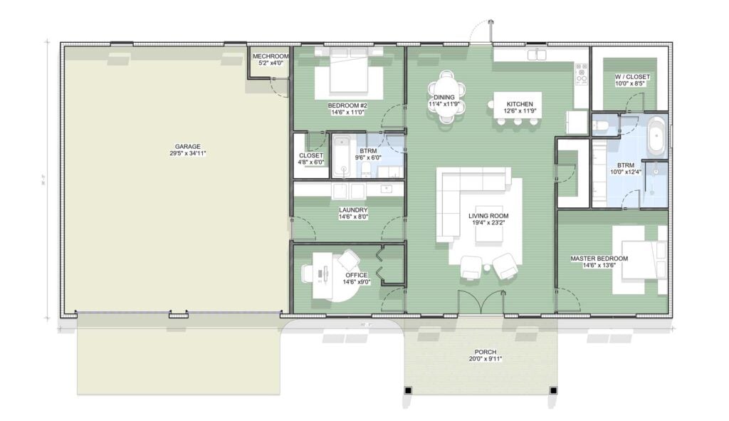 floor plan layout of The Heritage Barndominium 2 bedroom and 2 bath