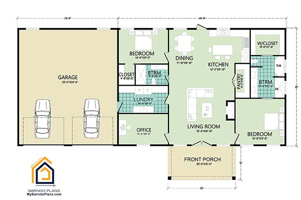 Thumbnail floor plan layout of The New Heritage Barndominium 2 bedroom and 2 bath
