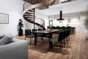 photo of inside of dove barndominium showing staircase to the loft.