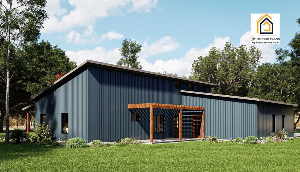 Refuge 2 barndominium in blue siding with garage and porch view.