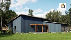 Refuge 2 barndominium in blue siding with garage and porch view.