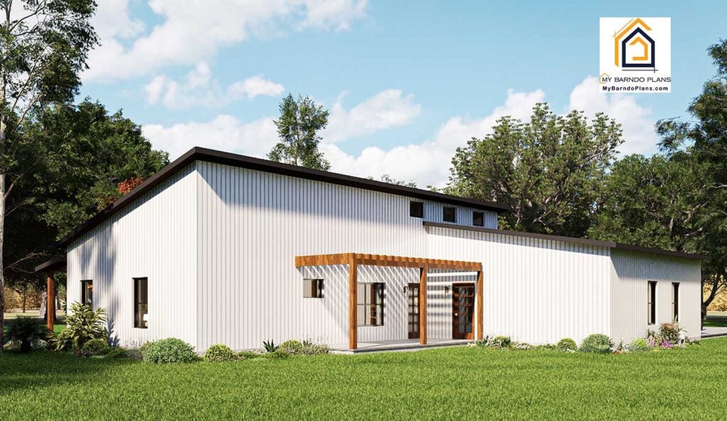 white metal siding exterior of the Refuge 2 barndominium featuring a pergola over the entry.