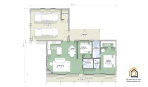 Floor plan of the Refuge 2 barndominium showing 2 bedrooms, 2 bathrooms, open living area,