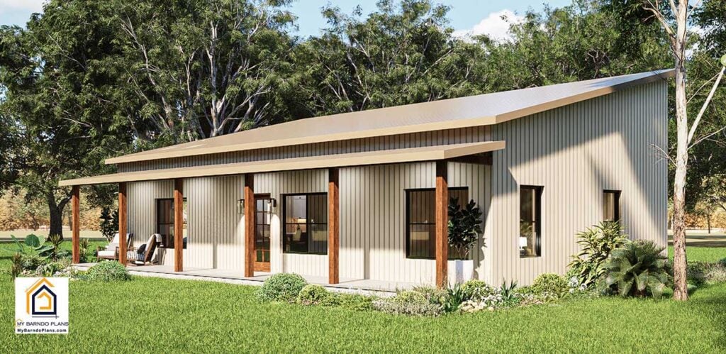 Refuge 2 Barndominium Exterior with Pergola – Tan Siding
