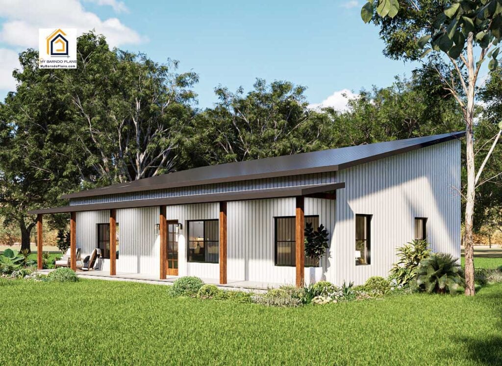 Front porch view of the Refuge 2 barndominium in white siding with wood posts and covered entry.