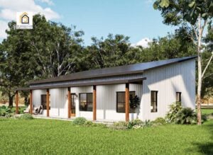 Front porch view of the Refuge 2 barndominium in white siding with wood posts and covered entry.