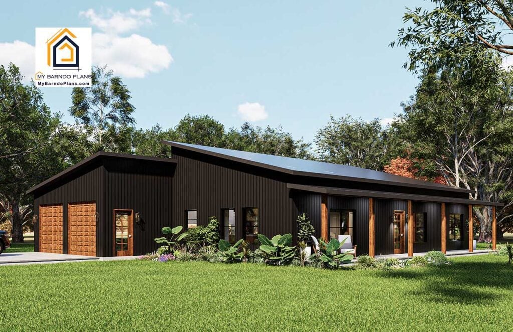 Black metal siding exterior of the Refuge 2 barndominium with wood garage doors and front porch.