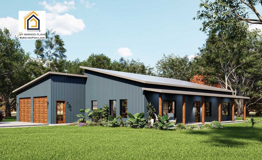 Refuge 2 barndominium in blue siding with garage and porch view.