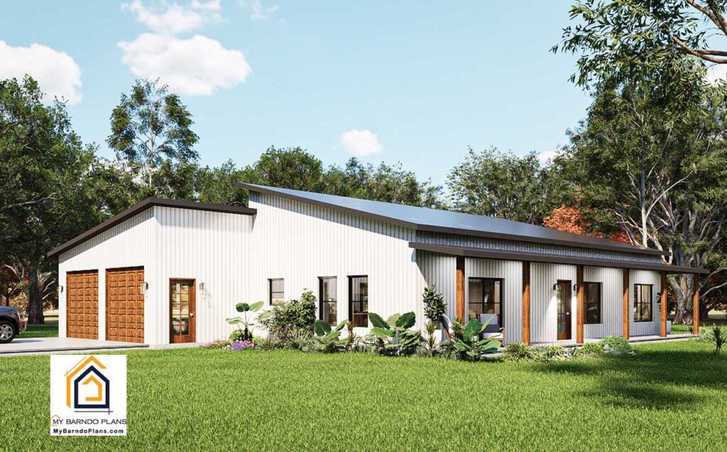 Refuge 2 barndominium in white siding with attached 2-car garage and wood doors.