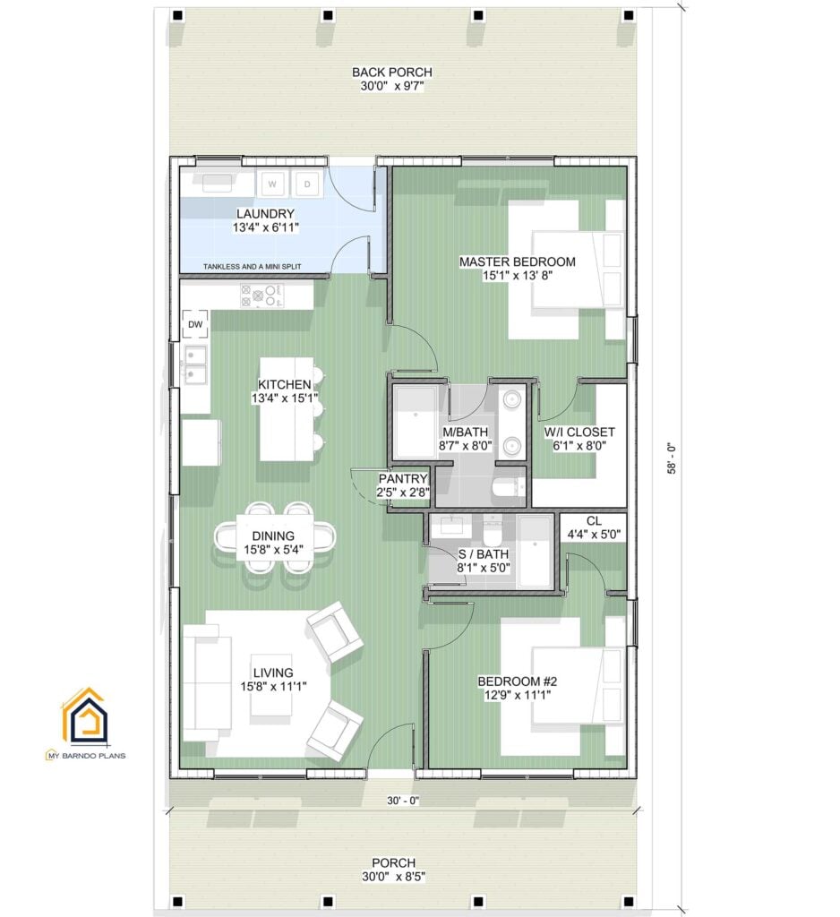 Floor plan of a single-story barndominium measuring 40 feet by 30 feet. The layout includes two bedrooms and two bathrooms. The main entry leads into an open-concept living room, dining area, and kitchen with a center island. A pantry and laundry room are located behind the kitchen. The master bedroom includes a walk-in closet and private bathroom. Bedroom 2 is near the shared second bathroom. The home features a covered front porch, and a spacious back porch. All rooms are labeled with dimensions