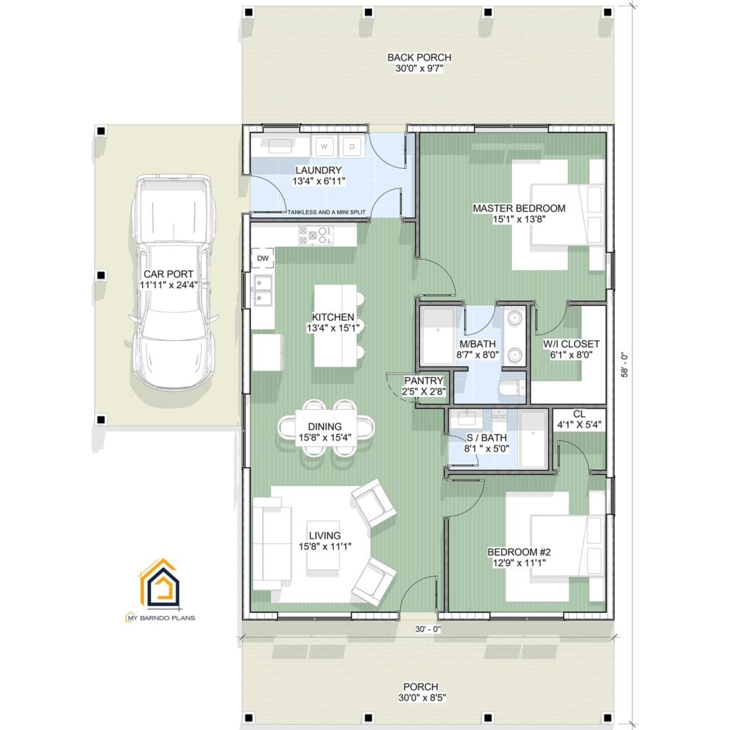 Floor plan of a single-story barndominium measuring 40 feet by 30 feet. The layout includes two bedrooms and two bathrooms. The main entry leads into an open-concept living room, dining area, and kitchen with a center island. A pantry and laundry room are located behind the kitchen. The master bedroom includes a walk-in closet and private bathroom. Bedroom 2 is near the shared second bathroom. The home features a covered front porch, a spacious back porch, and a carport on the left side. All rooms are labeled with dimensions