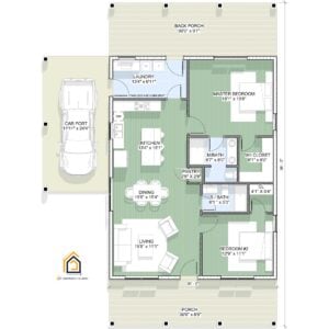 Floor plan of a single-story barndominium measuring 40 feet by 30 feet. The layout includes two bedrooms and two bathrooms. The main entry leads into an open-concept living room, dining area, and kitchen with a center island. A pantry and laundry room are located behind the kitchen. The master bedroom includes a walk-in closet and private bathroom. Bedroom 2 is near the shared second bathroom. The home features a covered front porch, a spacious back porch, and a carport on the left side. All rooms are labeled with dimensions