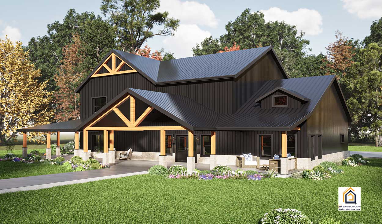 Angled front corner of the Summit Barndominium with black metal roof and extended porch