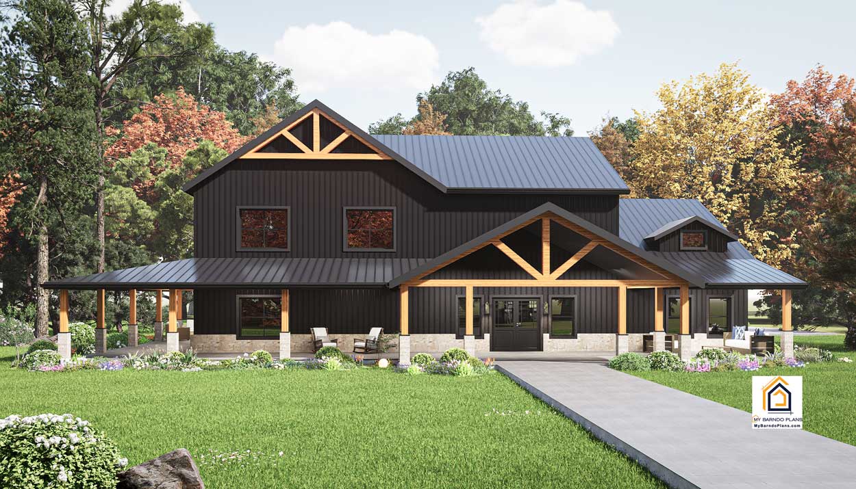 Front view of the 4-bedroom, 4,000 sq ft Summit Barndominium with black metal siding and timber-framed entry