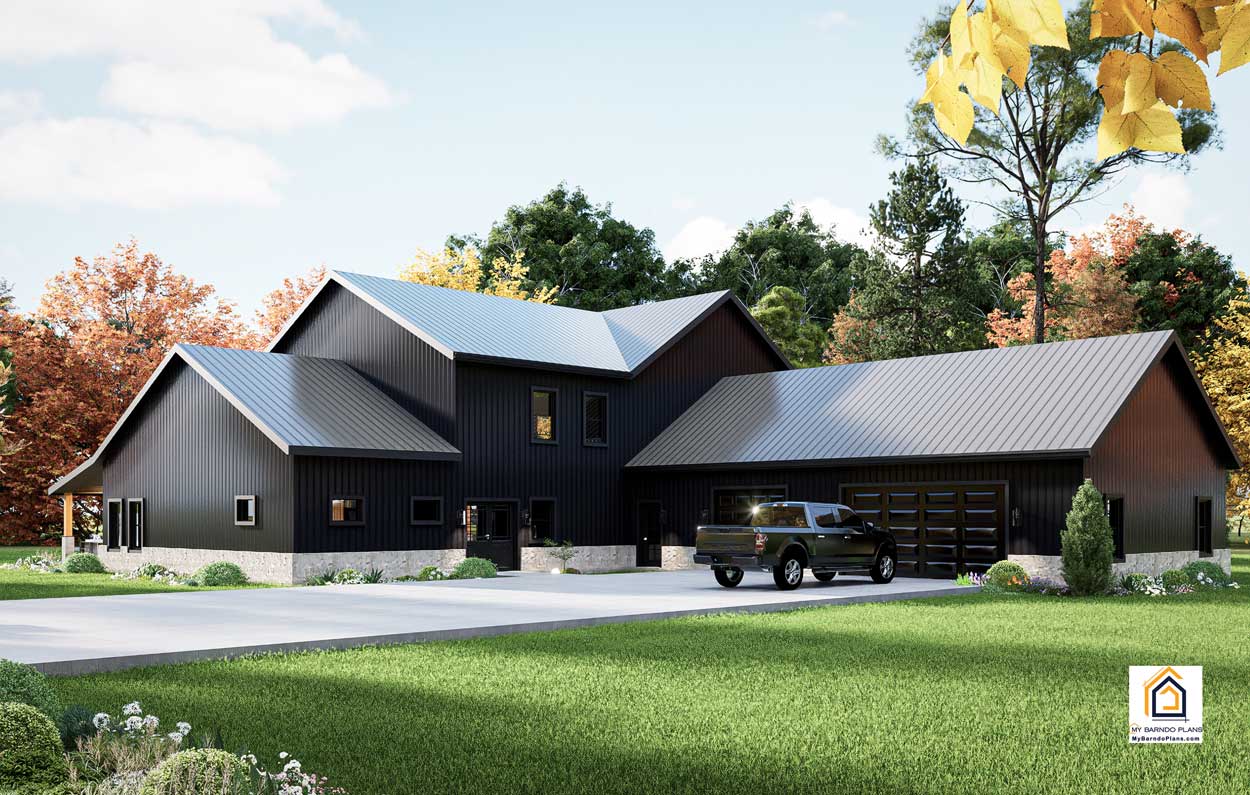 Driveway and garage view of the 4-bedroom Summit Barndominium with large attached garage