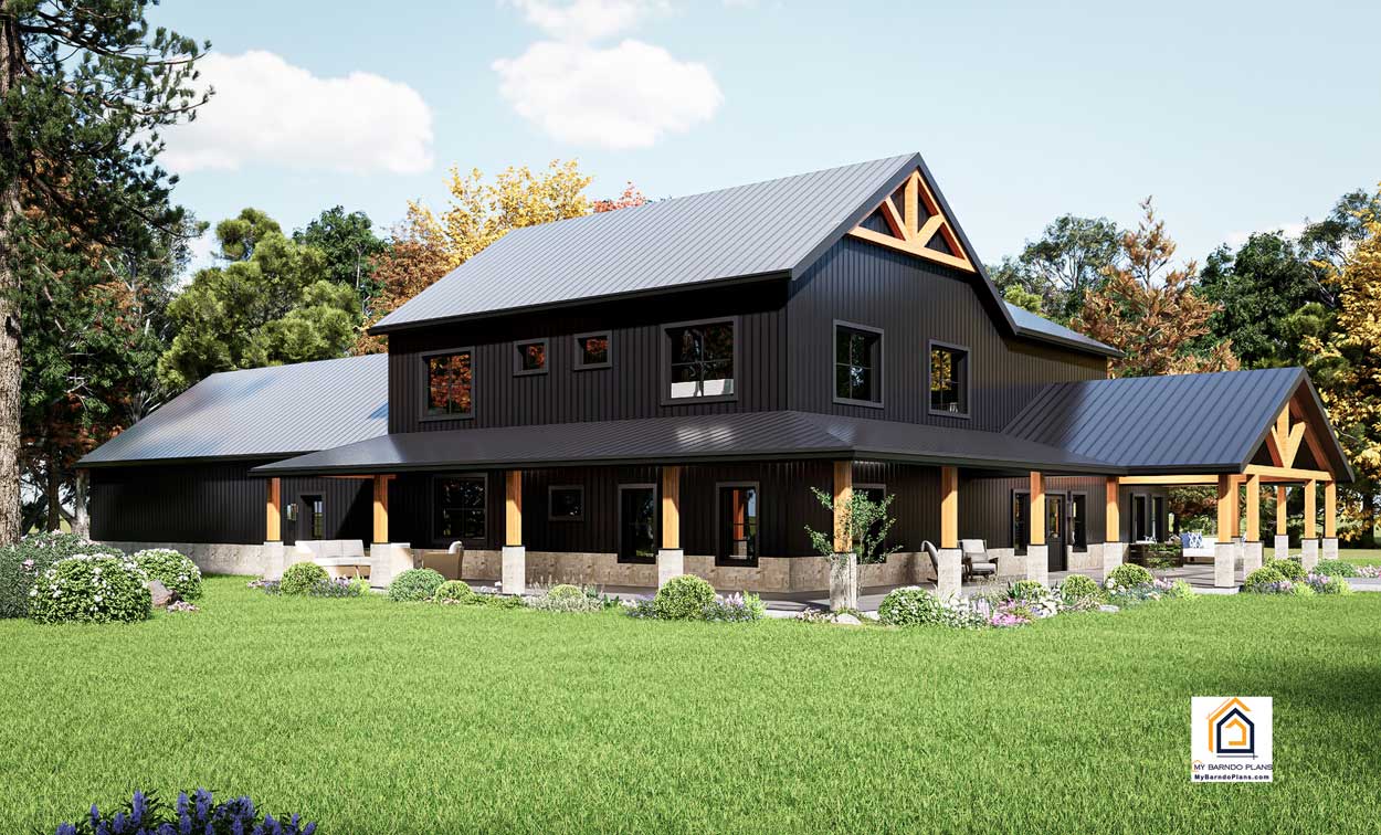 Rear and side view of the Summit Barndominium showing full wraparound porch and outdoor seating area