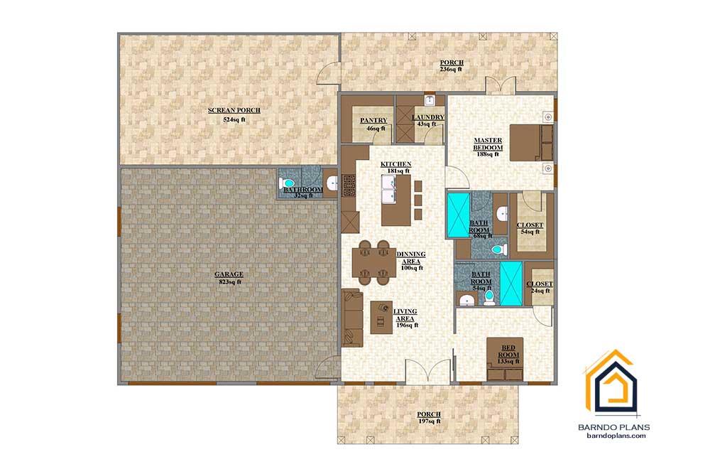 The Getaway barndominium floor plan has a walk-in pantry