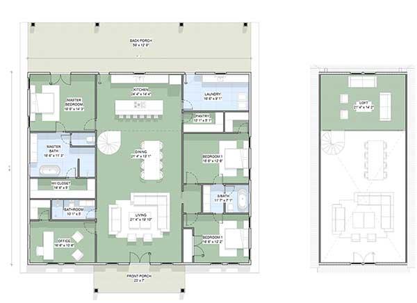 Dove Barndominium floor plan showing loft and spiral staircase.