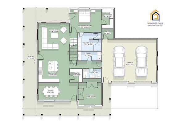 Thumb First floor layout of the Reardon Barndominium, featuring a large wraparound porch, an open living room connected to a spacious kitchen with an island, a formal dining area, and a walk-in pantry. The main floor also includes a master bedroom with a walk-in closet and private bath, a laundry room, an additional half-bath, a den or office space, and a three-car garage attached on the right side.