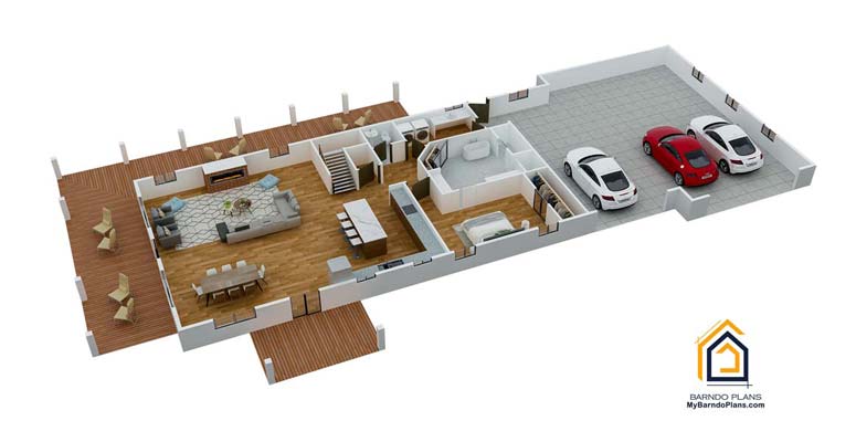Downstairs 3D floor plan of Barndominium Blue Magnolia thumbnail