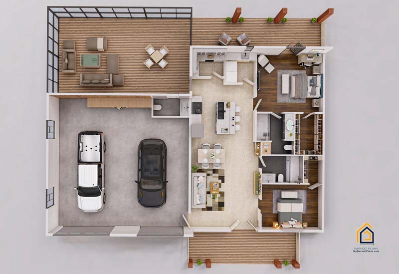 Simple barndominium with 2 bedrooms showing 3D interior layout top down plan called The Getaway thumbnail