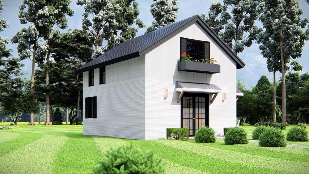 1000 square foot Simple Life Barndominium 3D rendering front left elevation