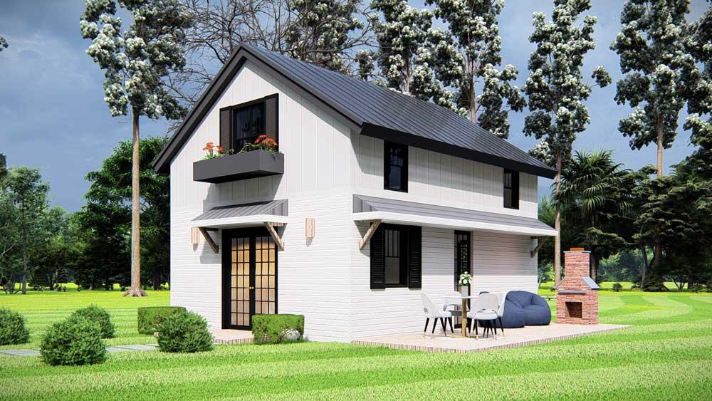 1000 square foot Simple Life Barndominium 3D rendering front right elevation patio