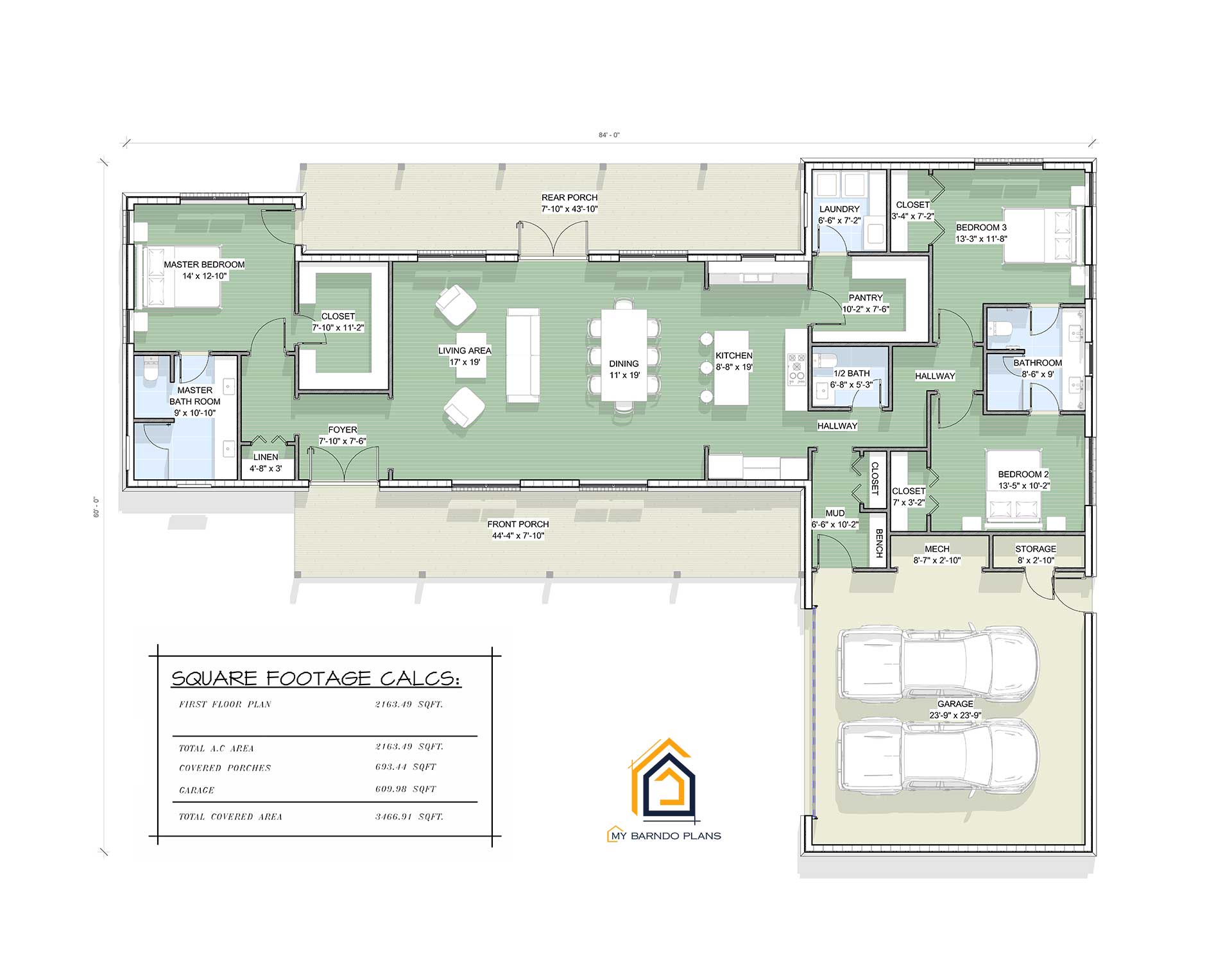 2000 Sq Ft Barndominium Floor Plan w/ Garage - 3BR 2.5 BA, image size:1920x1526