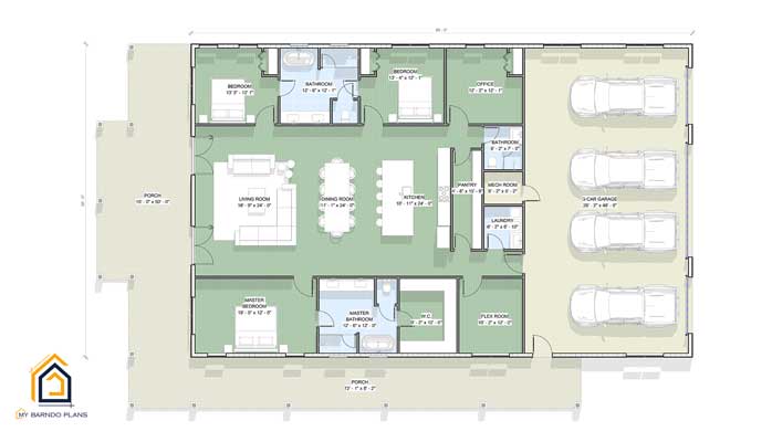 Three Bedroom Three Bathroom Travis Barndominium Floor Plan Layout