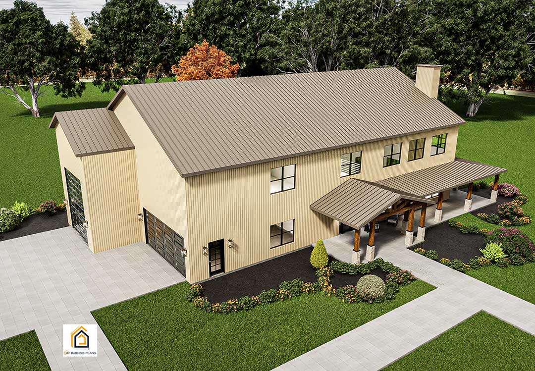 Aerial view of The Austin barndominium with large garage shop, RV bay, and open concept floor plan layout