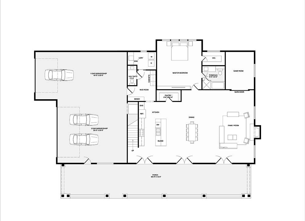 Ground floor layout for Austin Barndominium plan