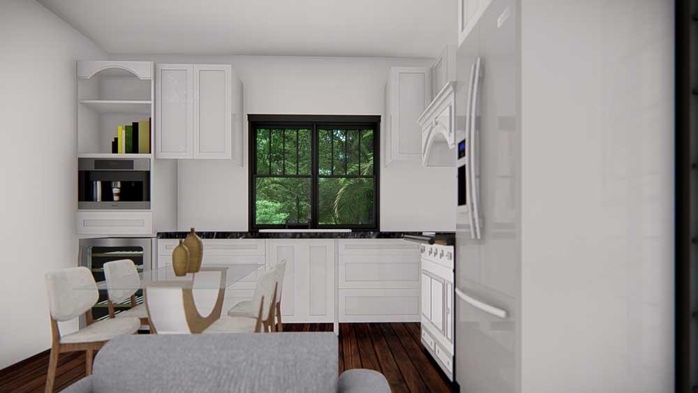 interior 3D rendering of Simple Life Barndominium Kitchen and Dining
