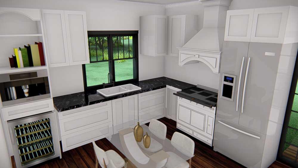 interior 3D rendering of Simple Life Barndominium Kitchen looking from stairs