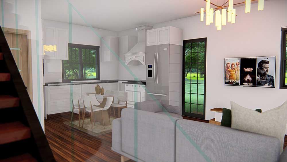 interior 3D rendering of Simple Life Barndominium Kitchen looking from stairs 2